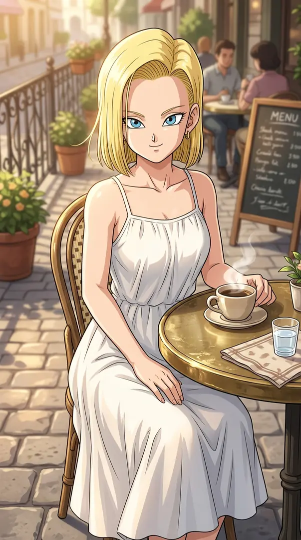 Android 18 from Dragon Ball smiles gently while sitting in a white sundress at a sunny outdoor cafe table with a steaming cup of coffee.
