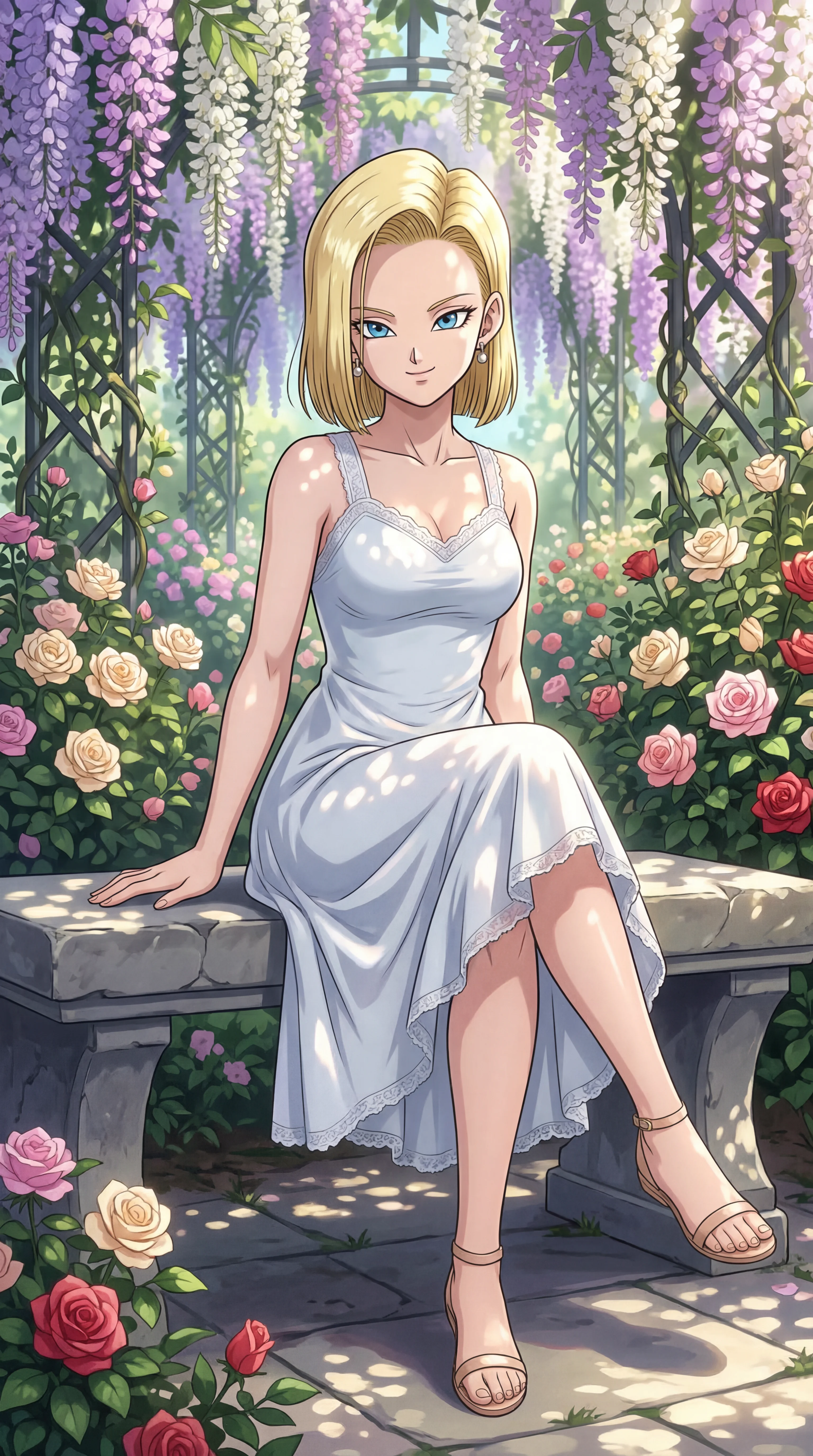 A blonde anime-style woman in a white slip dress sits on a stone bench in a sun-dappled garden surrounded by blooming roses and hanging wisteria.