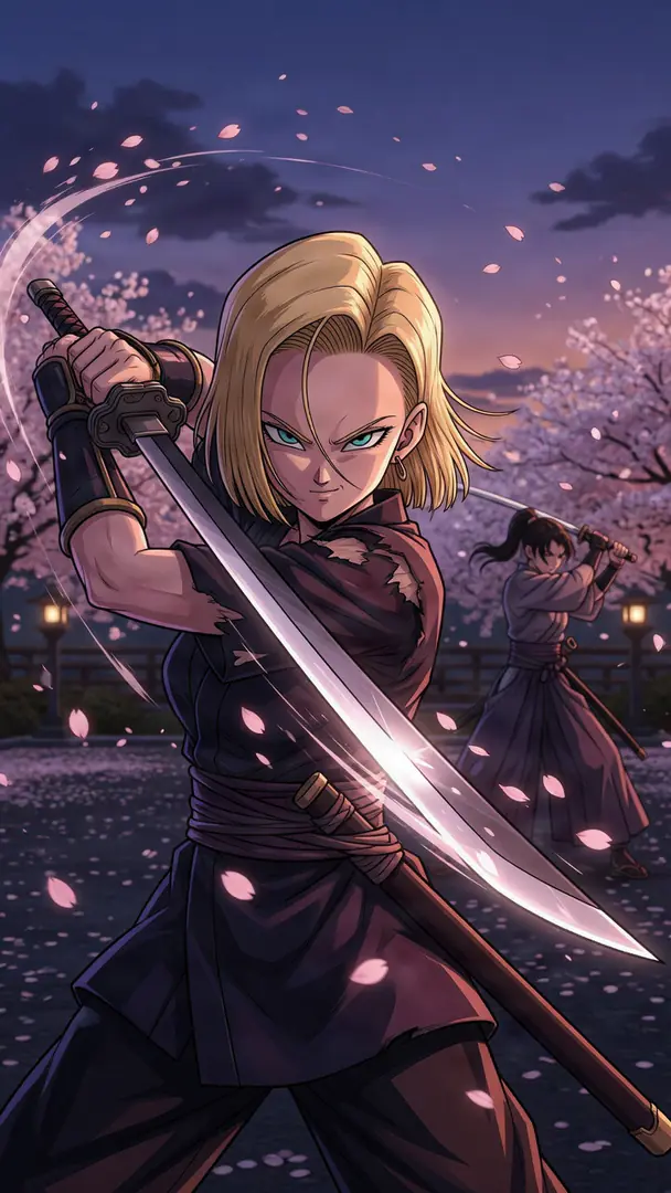 Android 18 from Dragon Ball strikes a fierce combat stance in dark samurai attire, wielding a glowing katana amidst falling cherry blossom petals and a distant swordsman at twilight.