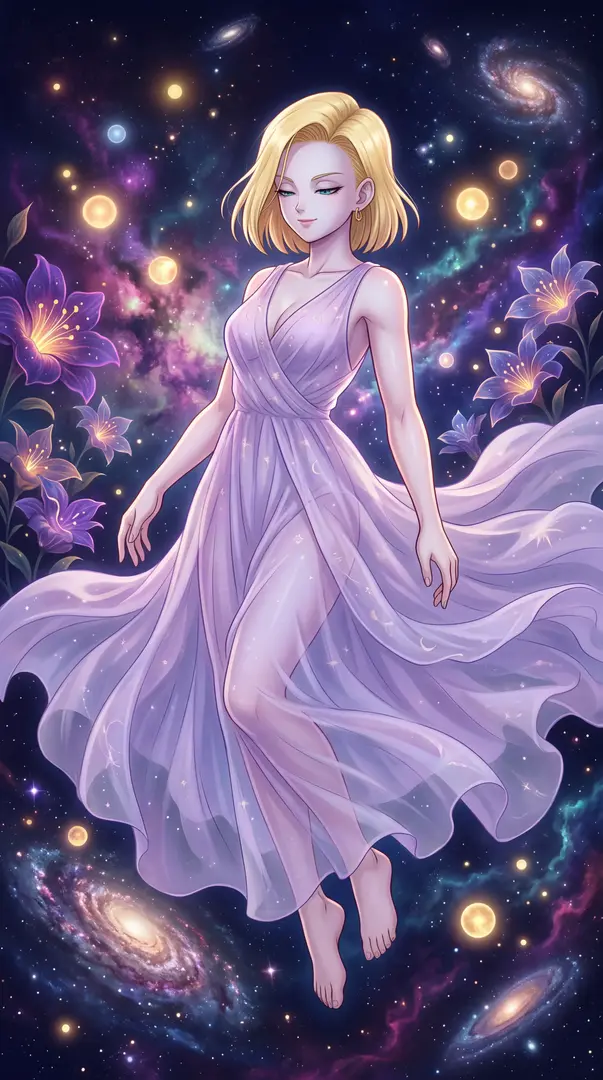 An anime-style blonde woman in a flowing, sheer lavender dress floats barefoot through a starry cosmos filled with galaxies, glowing orbs, and large purple flowers.