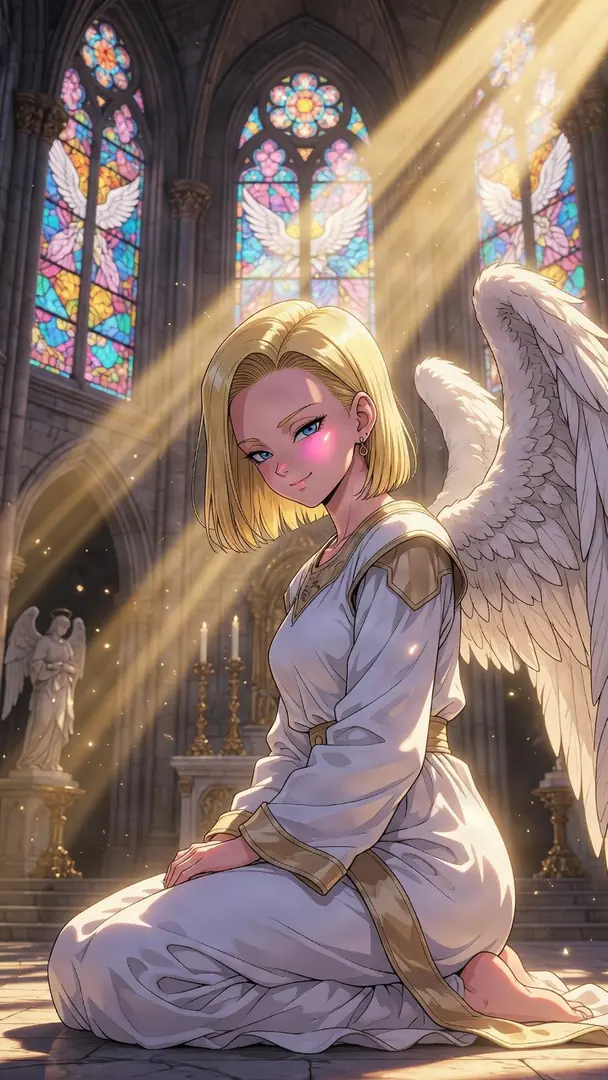 Android 18 from Dragon Ball is depicted as a serene angel with large white wings, kneeling in a flowing white and gold robe within a grand cathedral illuminated by shafts of golden light.