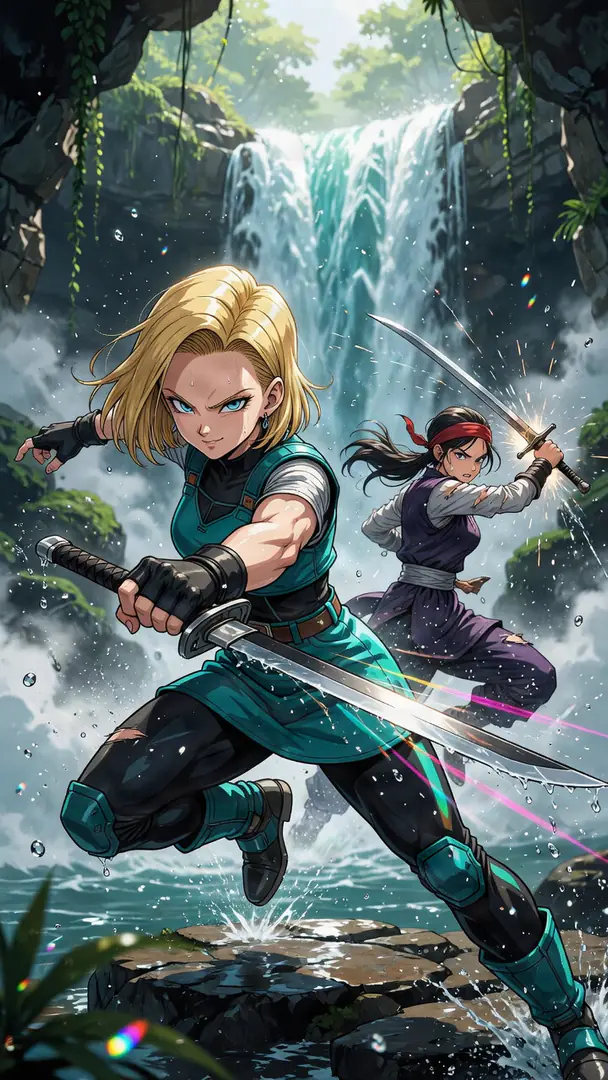 Android 18 from Dragon Ball wields a katana in a dynamic action pose alongside another sword-fighting female warrior in front of a rushing waterfall.
