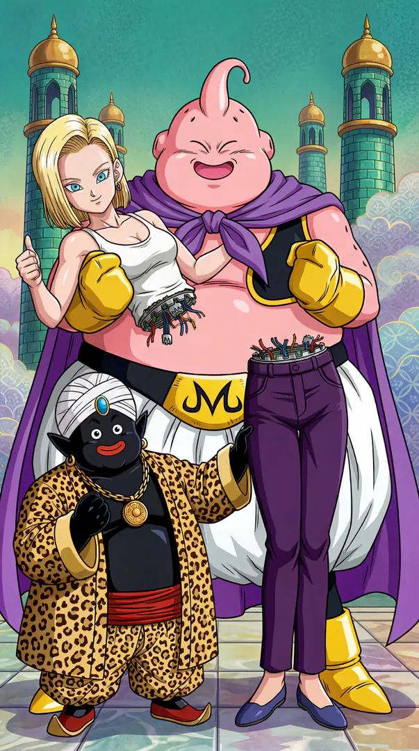 A cheerful Majin Buu holds the detached upper half of Android 18 as she gives a thumbs up with her mechanical wires exposed, while her lower half stands upright next to Mr. Popo.