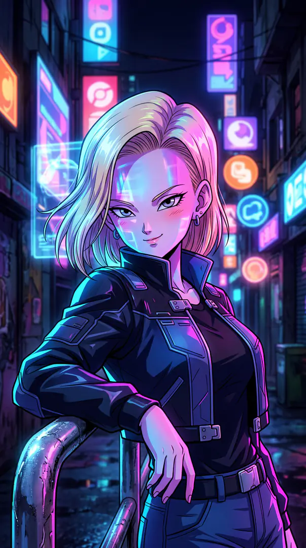 Android 18 from Dragon Ball, wearing a black jacket, leans casually against a metal railing in a vibrant, neon-lit cyberpunk alleyway.