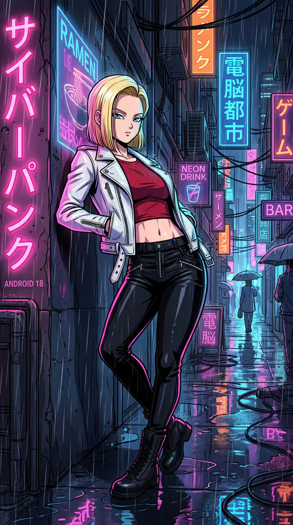 Android 18 leans casually against a wall in a rainy, neon-lit cyberpunk alleyway wearing a white jacket, maroon crop top, and black leather pants.