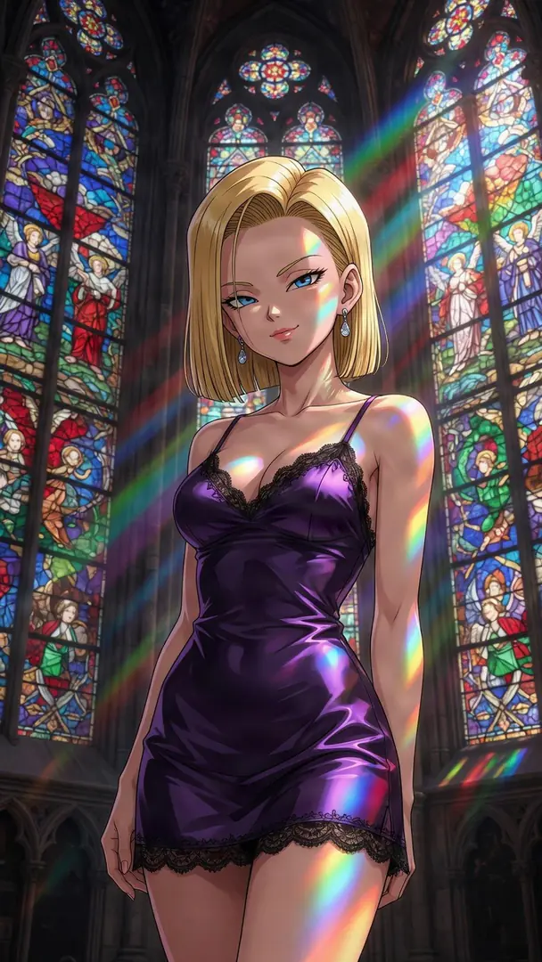Android 18 from Dragon Ball stands in a gothic cathedral wearing a purple lace-trimmed slip dress, illuminated by rainbow light streaming through stained glass windows.