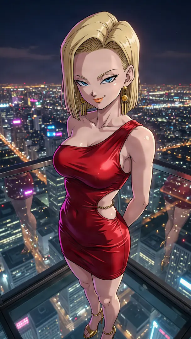 Android 18 from Dragon Ball poses on a high-rise glass balcony overlooking an illuminated nighttime city skyline while wearing a shiny red cutout dress and gold earrings.