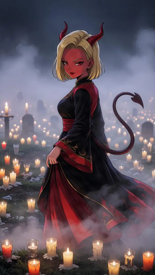 Android 18 from Dragon Ball appears as a red-skinned demon with horns and a pointed tail, wearing a black and red dress while standing in a misty, candlelit graveyard.