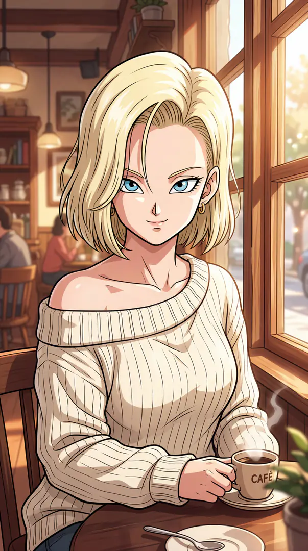 Android 18 from Dragon Ball sits at a wooden table in a sunlit cafe, wearing a cream off-the-shoulder sweater and holding a steaming cup of coffee.