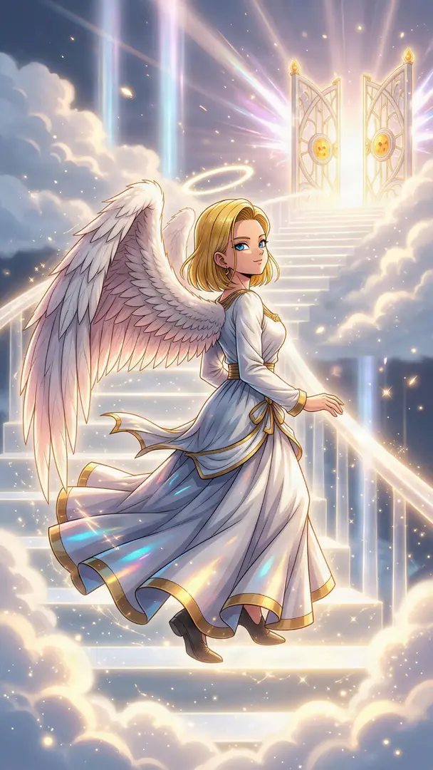 Android 18 from Dragon Ball is depicted as an angel with large white wings and a halo, wearing a flowing white dress with gold trim as she descends a glowing, cloud-covered staircase from radiant heavenly gates.