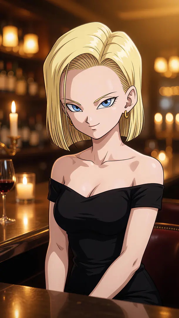 Android 18 from Dragon Ball sits at a softly lit wooden bar wearing an elegant black off-the-shoulder dress and a subtle smirk.