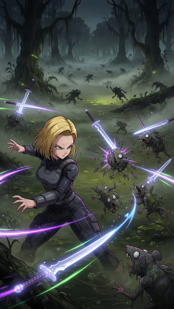 Android 18, dressed in a black tactical suit, uses glowing flying swords to battle a horde of monstrous giant rats in a dark, misty swamp.
