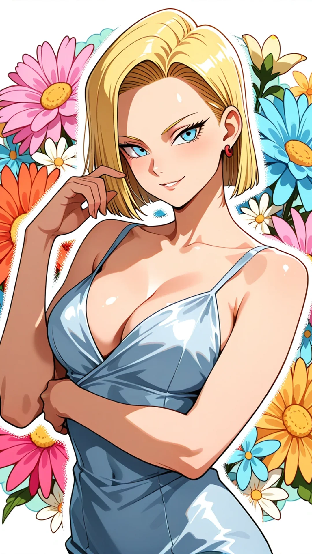 Vibrant AI Art of Android 18 from Dragon Ball with blonde bob and blue eyes by Daddy Jim Headquarters in anime style