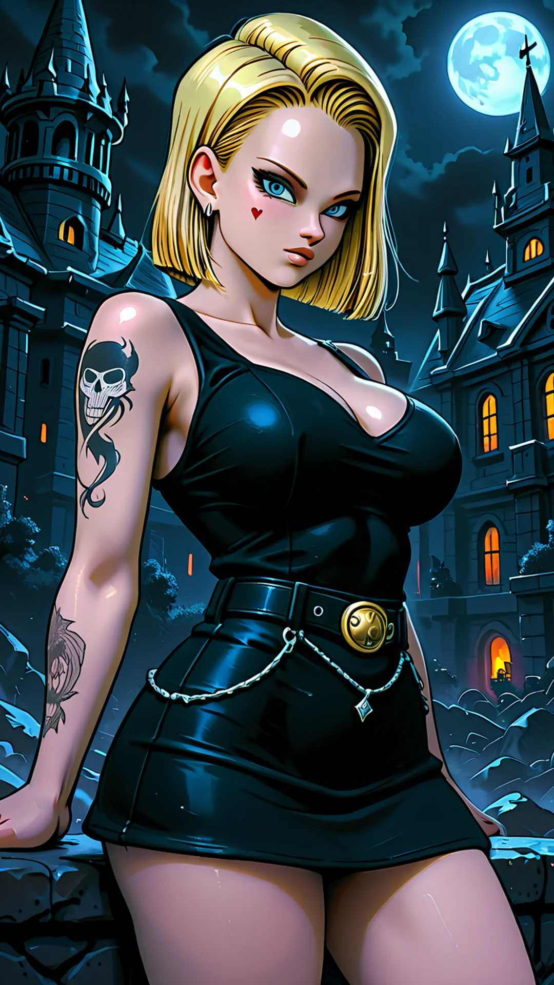 AI Art by Daddy Jim Headquarters: Android 18 from Dragon Ball is depicted standing confidently in front of a Gothic castle under a moonlit sky. She wears a sleek, black gothic outfit with a heart tattoo on her face and a skull tattoo on her arm. Her 