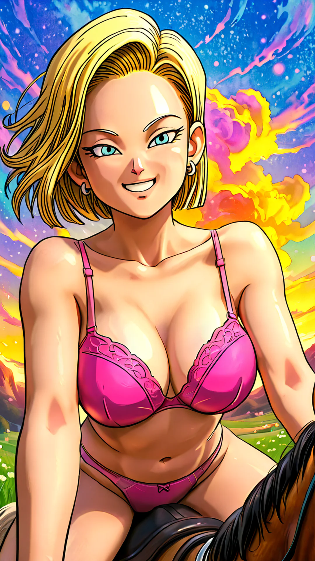 AI Art by Daddy Jim Headquarters depicting an anime-style character riding a horse. The character, inspired by Android 18, is portrayed with short blonde hair and wearing a pink outfit. The background features a vibrant, colorful sky with swirling cl