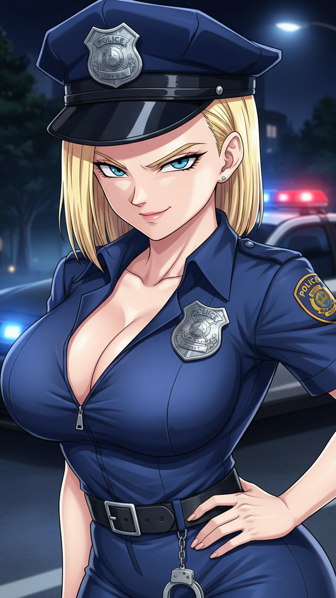 Anime police officer with short blonde hair in nighttime city scene - Dragon Ball Android 18 inspired waifu AI Art by Daddy Jim Headquarters
