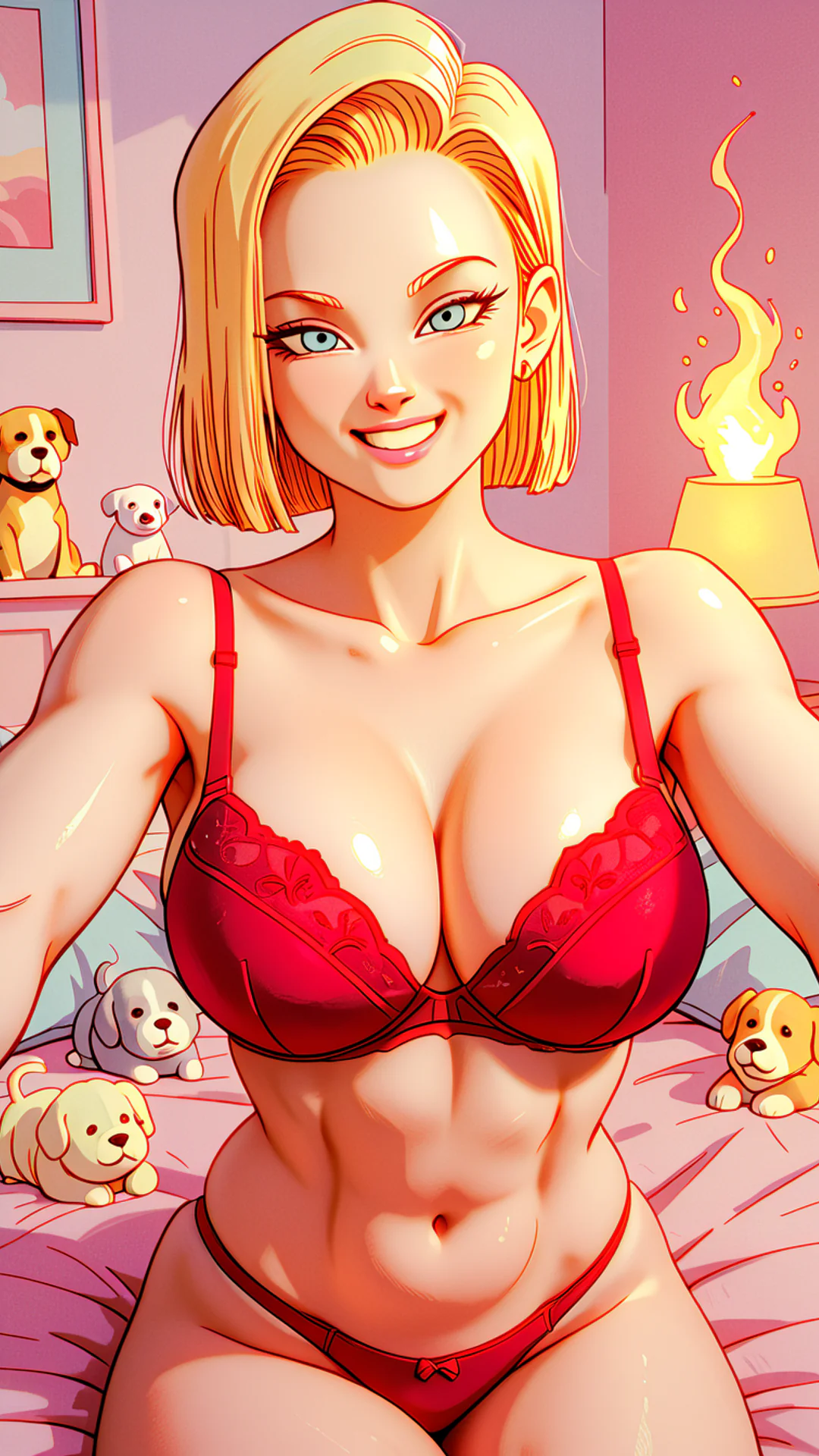 AI Art by Daddy Jim Headquarters: An animated character with short blonde hair, wearing red lingerie, is in a room with several cute puppies. A lamp in the background has a flame coming out of it, suggesting it has caught fire. The scene combines ele