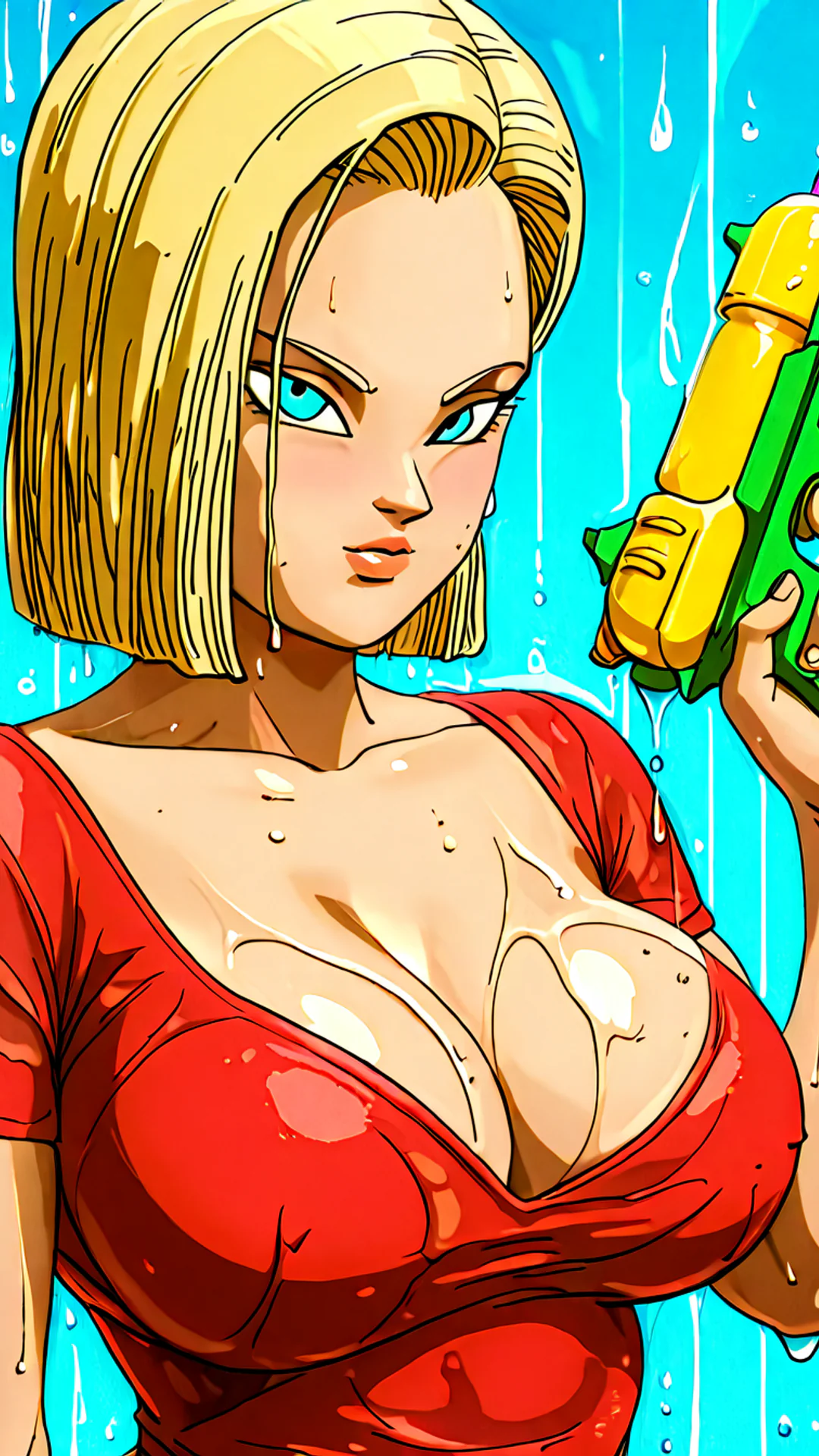 AI Art by Daddy Jim Headquarters: The image features Android 18 from DBZ, depicted with a focused expression. She holds a colorful super soaker, with water droplets accentuating her wet, red top. The background is a bright blue, adding to the dynamic