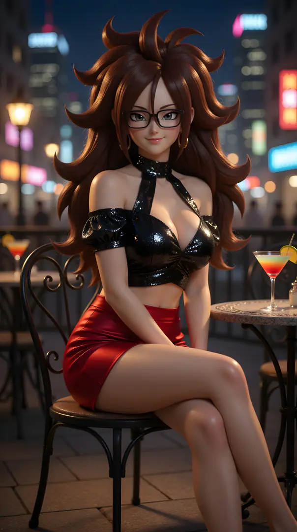 Android 21 from Dragon Ball sits with crossed legs at an outdoor nighttime cafe, wearing glasses, a shiny black crop top, and a red miniskirt next to a colorful cocktail.