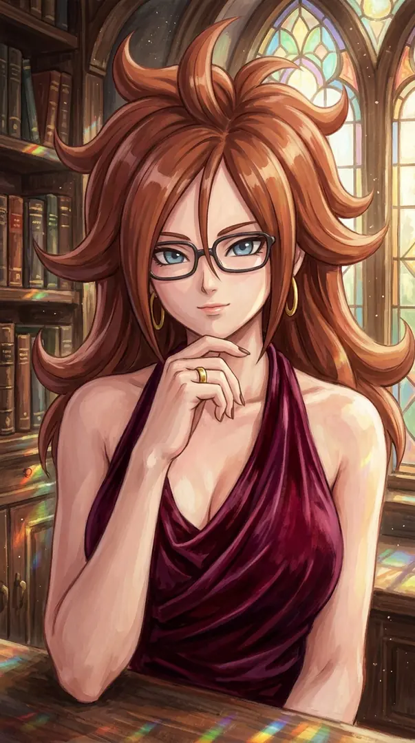 Android 21 from Dragon Ball, wearing a maroon top and black glasses, smiles softly while resting her chin on her hand in a sunlit library.