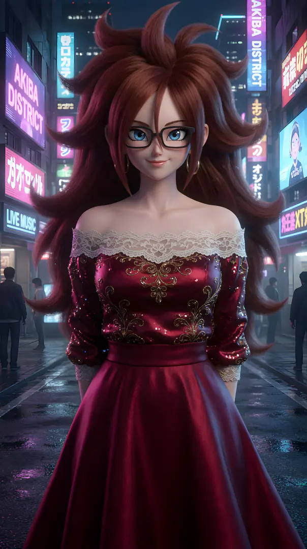 Android 21 from Dragon Ball stands on a wet, neon-lit city street at night wearing black glasses and an elegant, off-the-shoulder red dress decorated with gold embroidery and white lace.