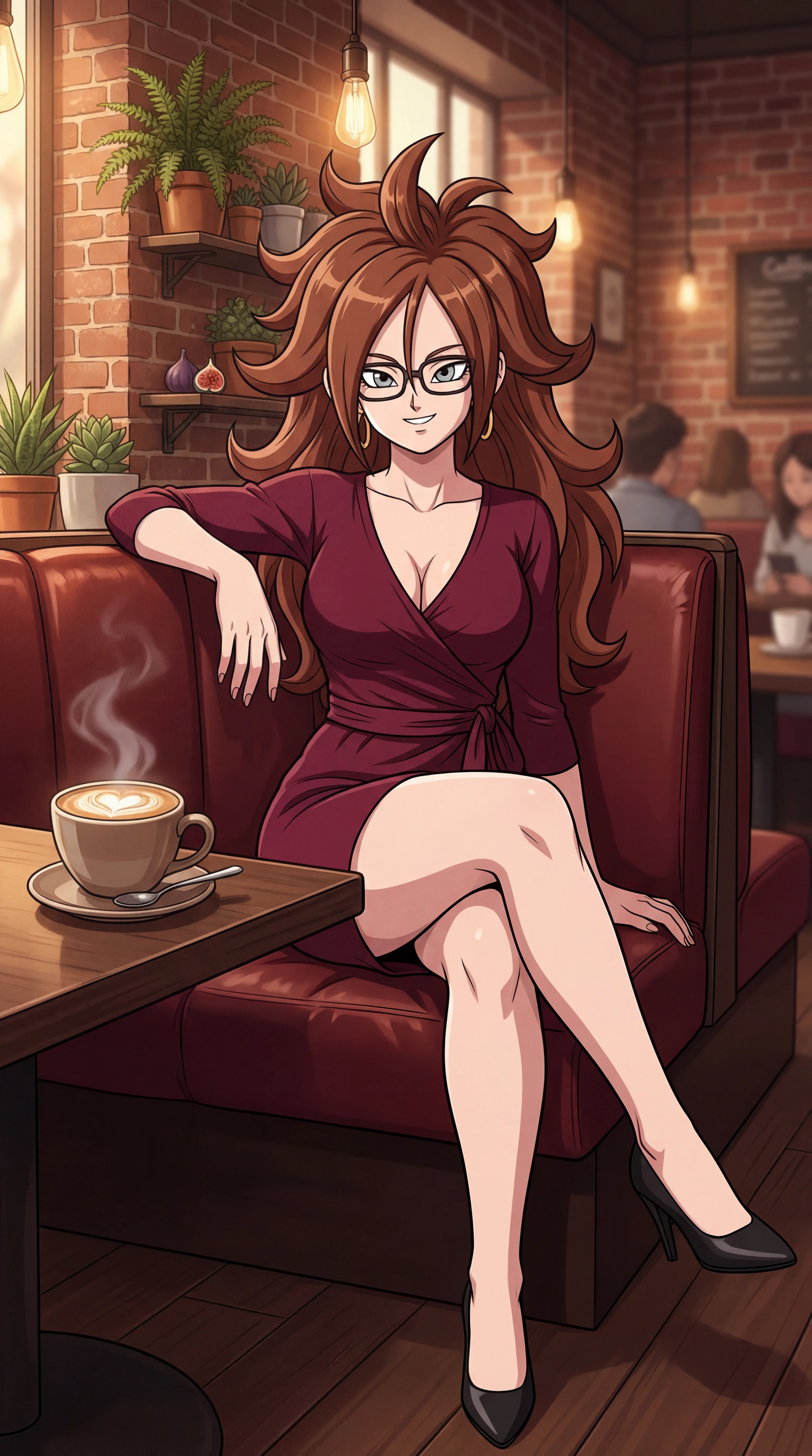 A smiling anime-style woman with voluminous brown hair and glasses sits cross-legged in a burgundy wrap dress at a cozy cafe booth with a steaming cup of coffee on the table.