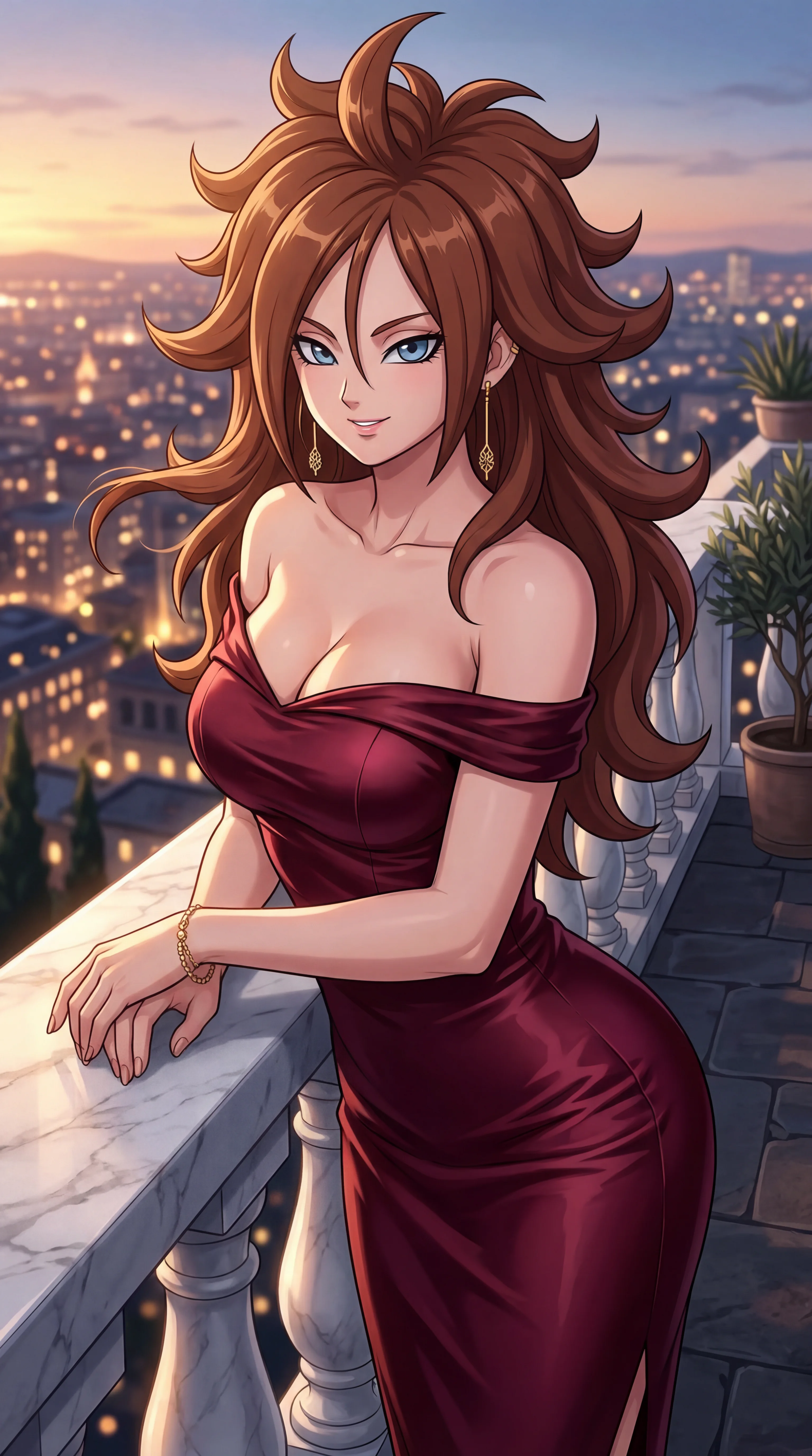 An anime-style woman with voluminous brown hair wearing a fitted, off-the-shoulder burgundy dress leans against a marble balcony overlooking a glowing city skyline at dusk.