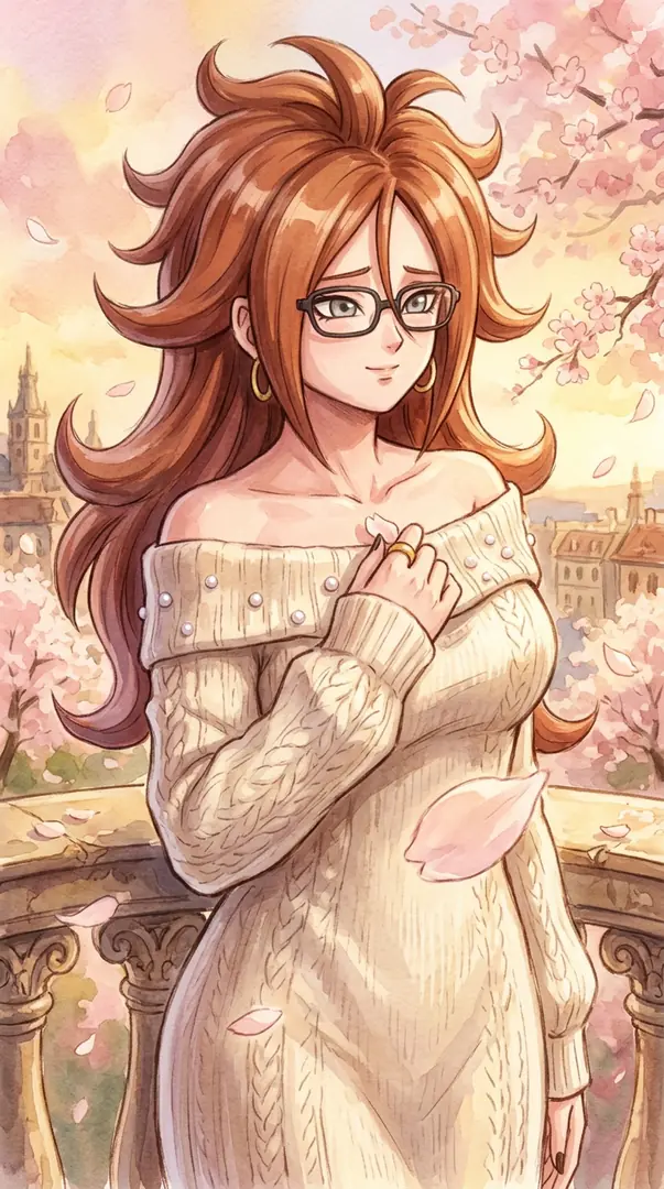 A smiling Android 21 from Dragon Ball wears glasses and an off-the-shoulder white knit sweater dress while standing on a balcony amidst falling cherry blossoms.