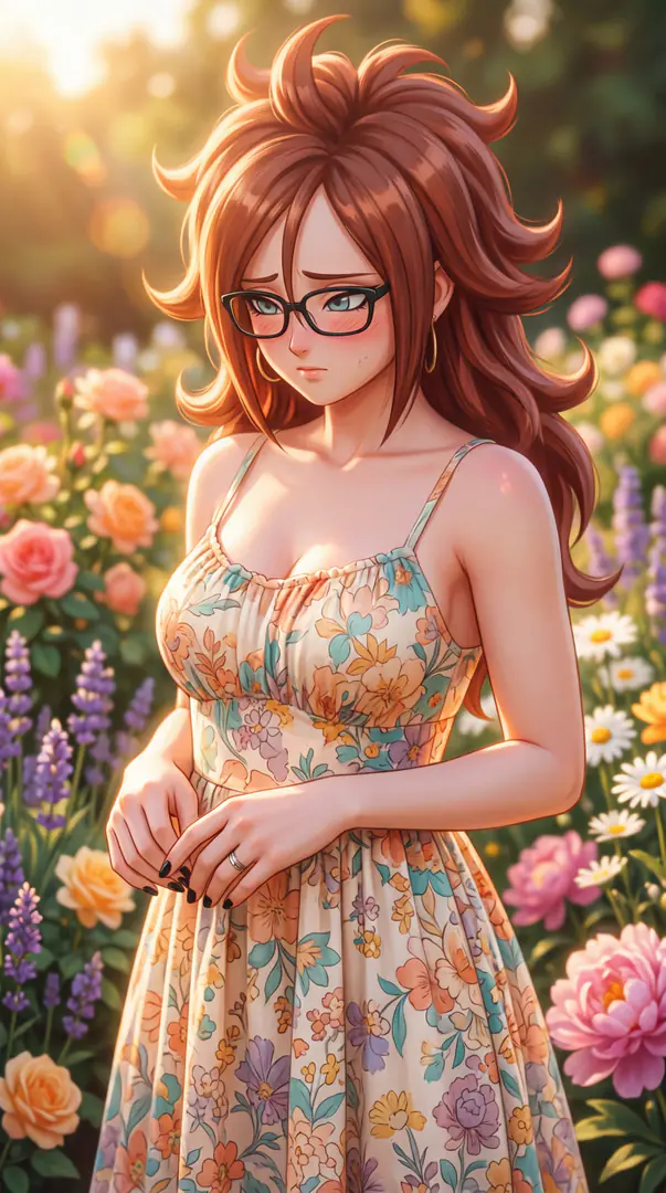 Android 21 from Dragon Ball wears a floral sundress and black glasses while standing with a gentle, downcast expression in a sunlit garden of colorful flowers.