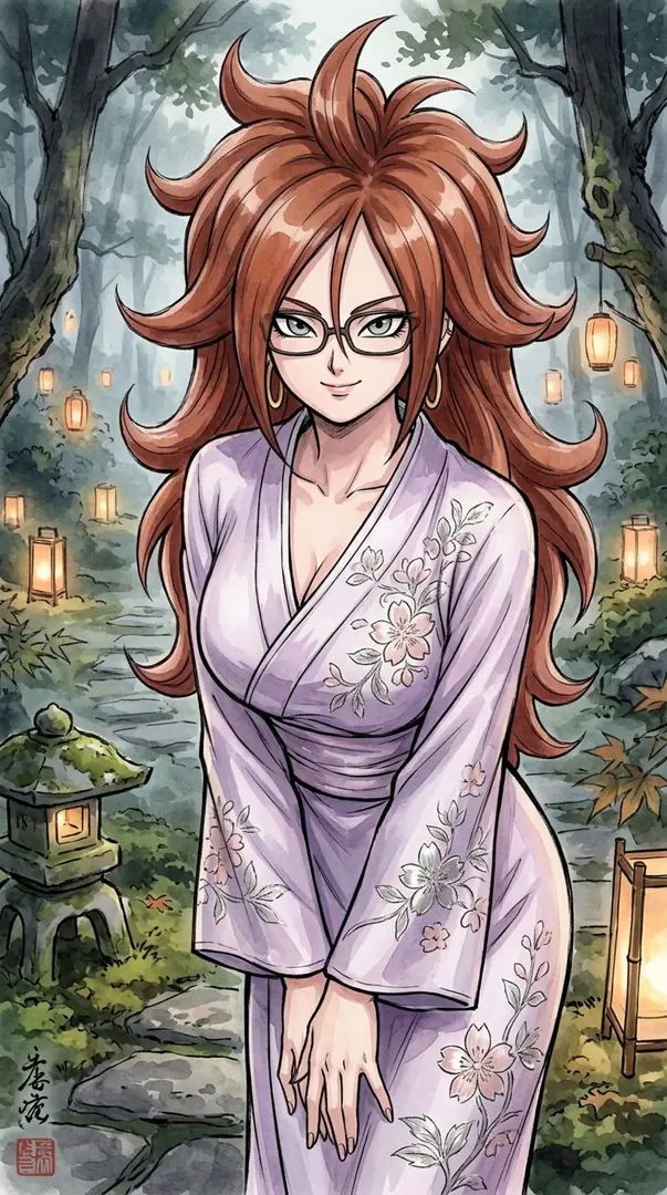 Android 21 from Dragon Ball, wearing glasses and a light purple floral kimono, smiles gently while standing on a stone path in a serene forest illuminated by glowing lanterns.
