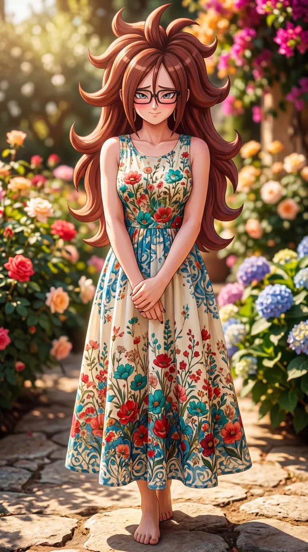 Android 21 from Dragon Ball stands barefoot on a stone path in a blooming garden wearing black glasses and a vibrantly patterned sleeveless floral dress.