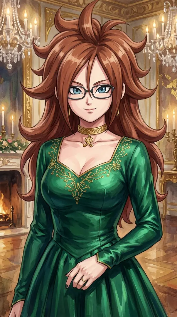 Android 21 from Dragon Ball stands smiling in a luxurious chandelier-lit room, wearing black glasses, a gold choker, and an elegant dark green dress with gold embroidery.