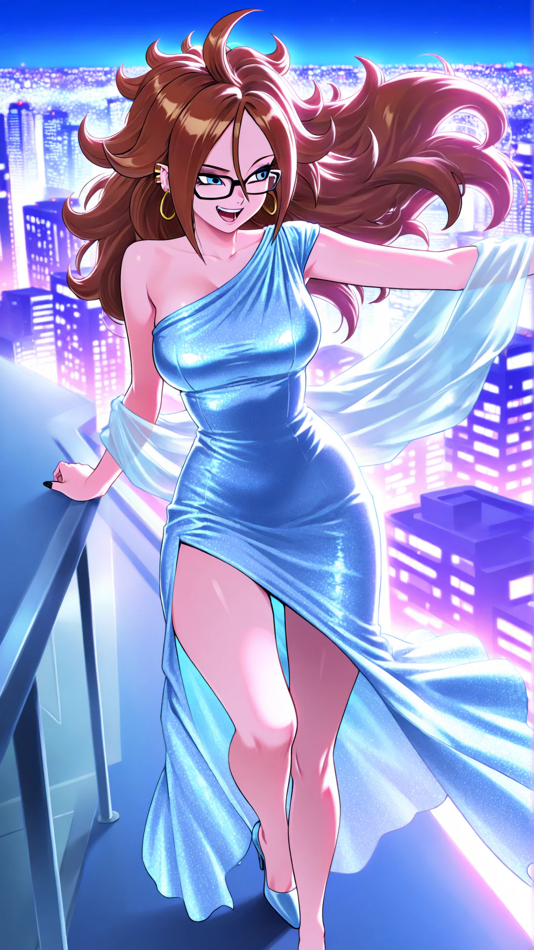 An anime-style woman with voluminous brown hair and glasses poses on a balcony overlooking a neon cityscape, wearing a shimmering one-shoulder blue gown with a high thigh slit.