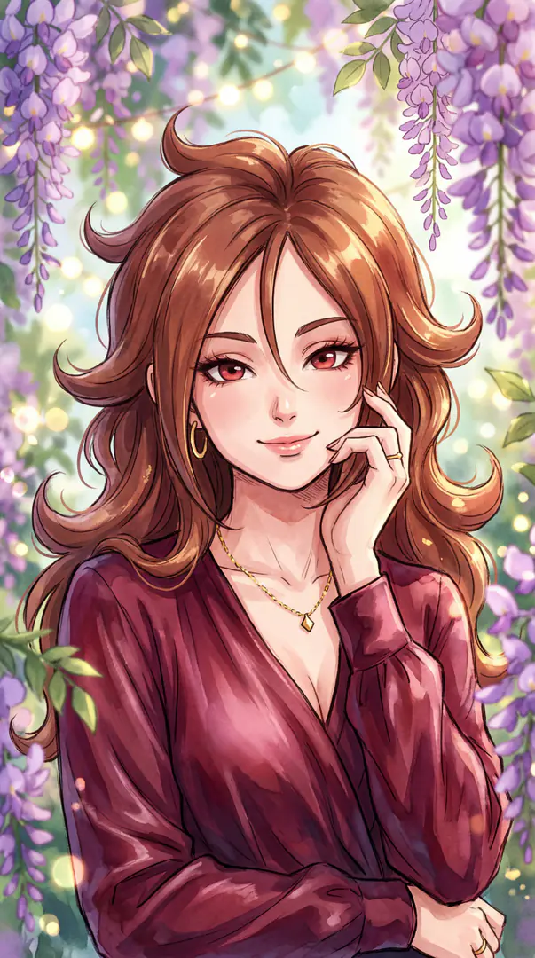 A portrait of Android 21 from Dragon Ball with voluminous auburn hair and striking red eyes, smiling gently in a maroon v-neck blouse against a beautiful backdrop of hanging purple wisteria and soft glowing lights.