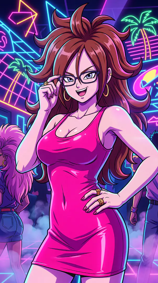 Android 21 from Dragon Ball smiles and adjusts her glasses while wearing a form-fitting pink dress against a vibrant retro neon club background.