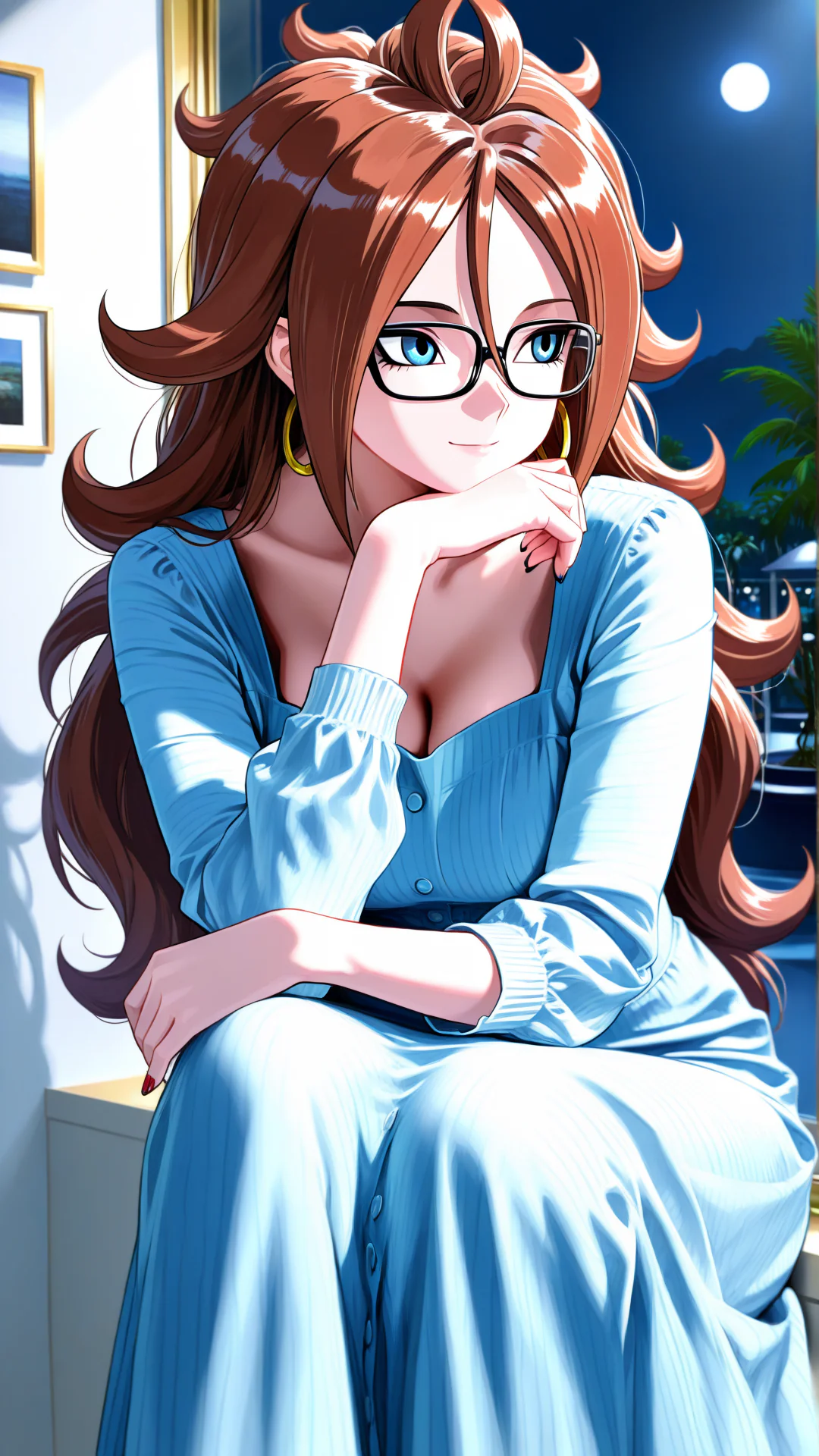 An anime-style woman with voluminous auburn hair, black glasses, and a light blue dress sits thoughtfully with her chin on her hand beside a window framing a moonlit night.