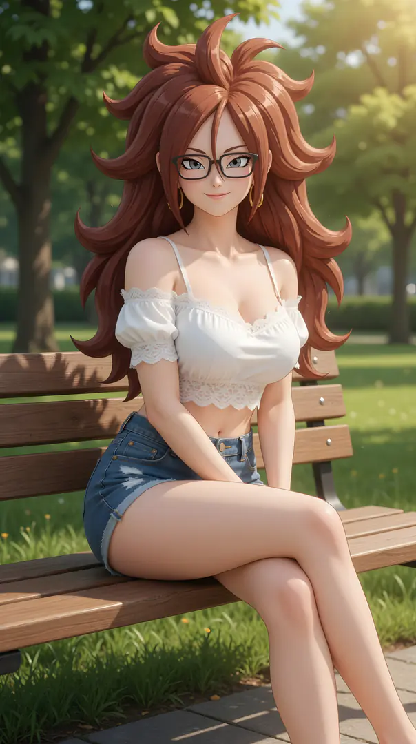 Android 21 from Dragon Ball sits smiling on a wooden park bench on a sunny day, wearing black glasses, a white lace crop top, and denim shorts.