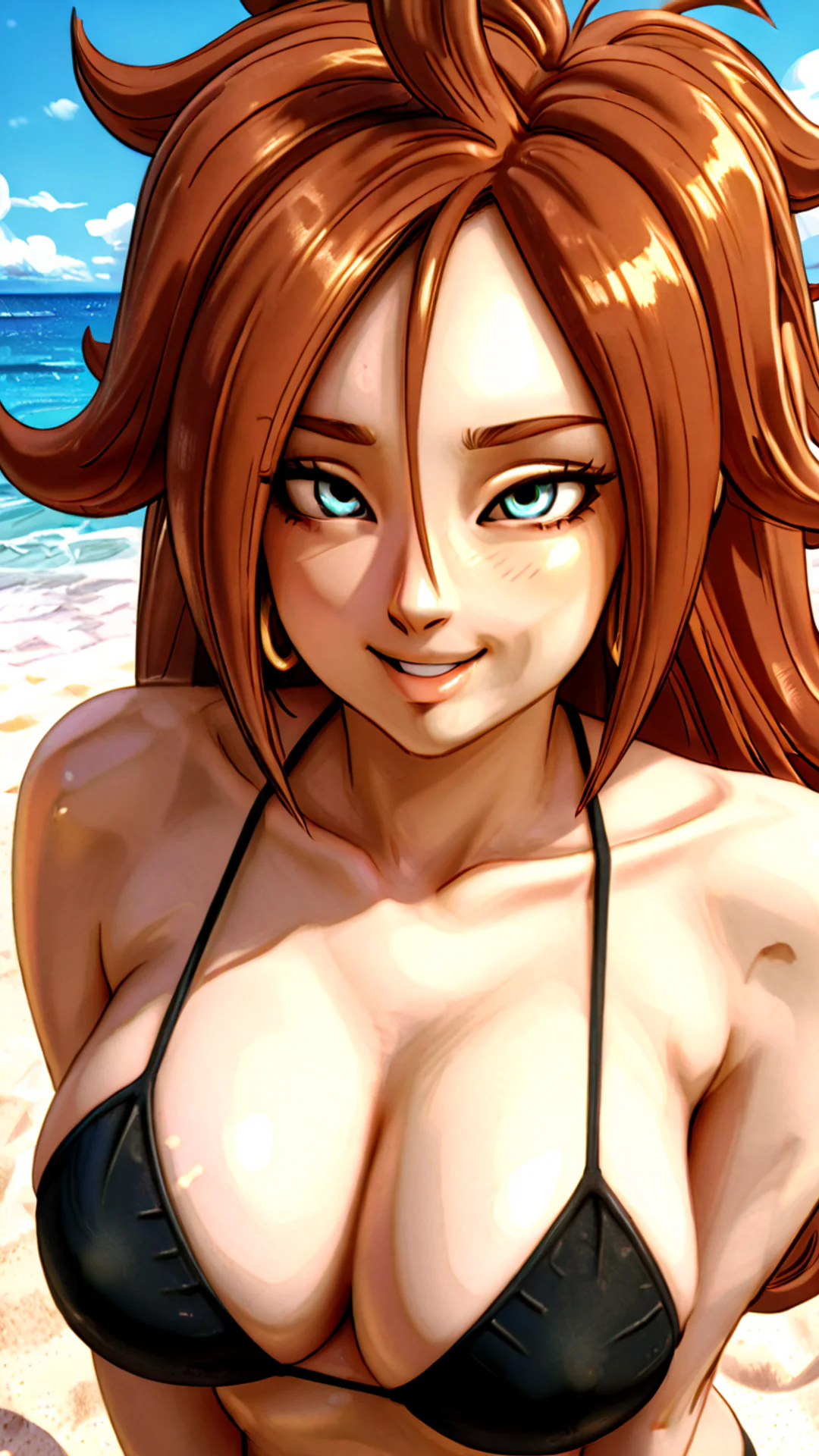 AI Art by Daddy Jim Headquarters: A captivating depiction of an animated character with long, flowing brown hair and striking blue eyes. She is wearing a black bikini, standing on a sunlit beach. The scene is lively and playful, capturing the essence