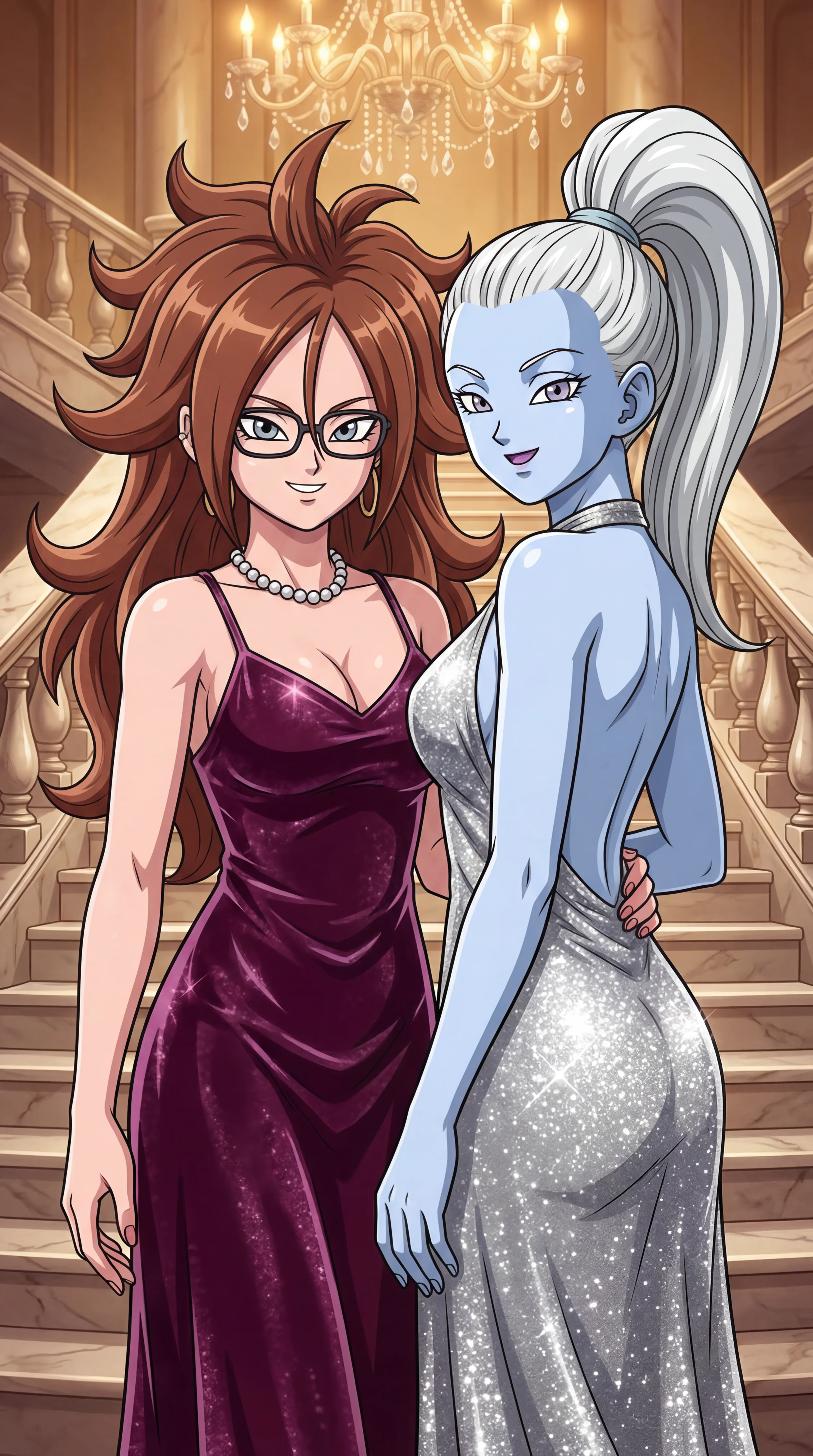 Two smiling anime women pose on a grand staircase, one with spiky brown hair wearing a sparkly purple dress and the other with pale blue skin in a glittering silver gown.