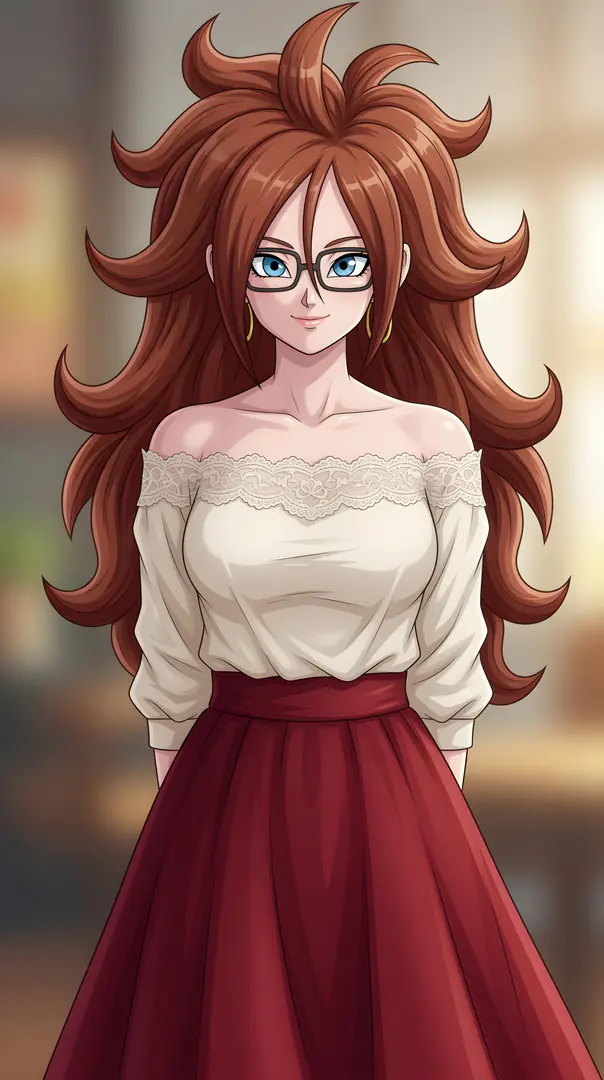 Android 21 from Dragon Ball, with her long voluminous brown hair and black glasses, smiles gently while wearing an off-the-shoulder white lace top and a high-waisted dark red skirt.