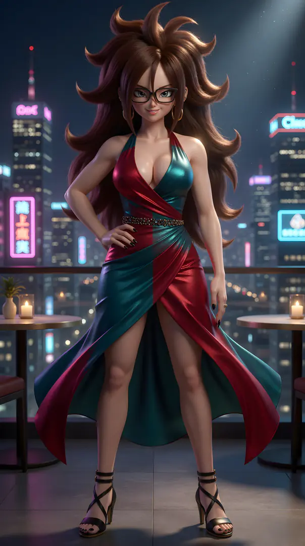 Android 21 from Dragon Ball poses confidently on a nighttime balcony overlooking a neon cityscape, wearing glasses and a shimmering red and teal gown with a high slit.