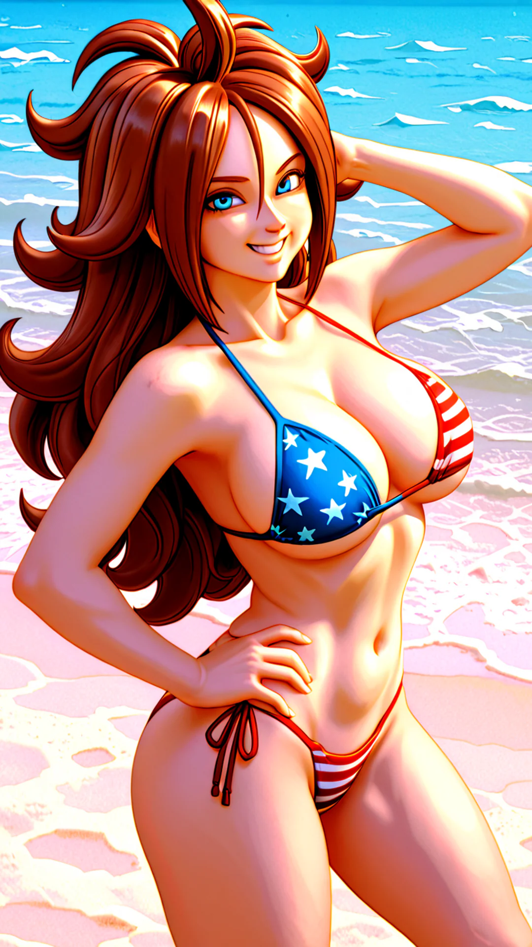 AI Art by Daddy Jim Headquarters features an animated character resembling Android 21 from DBZ. She stands confidently on a beach, wearing a bikini with an American flag design. Her vibrant hair flows freely, and she has a bright, engaging smile. The