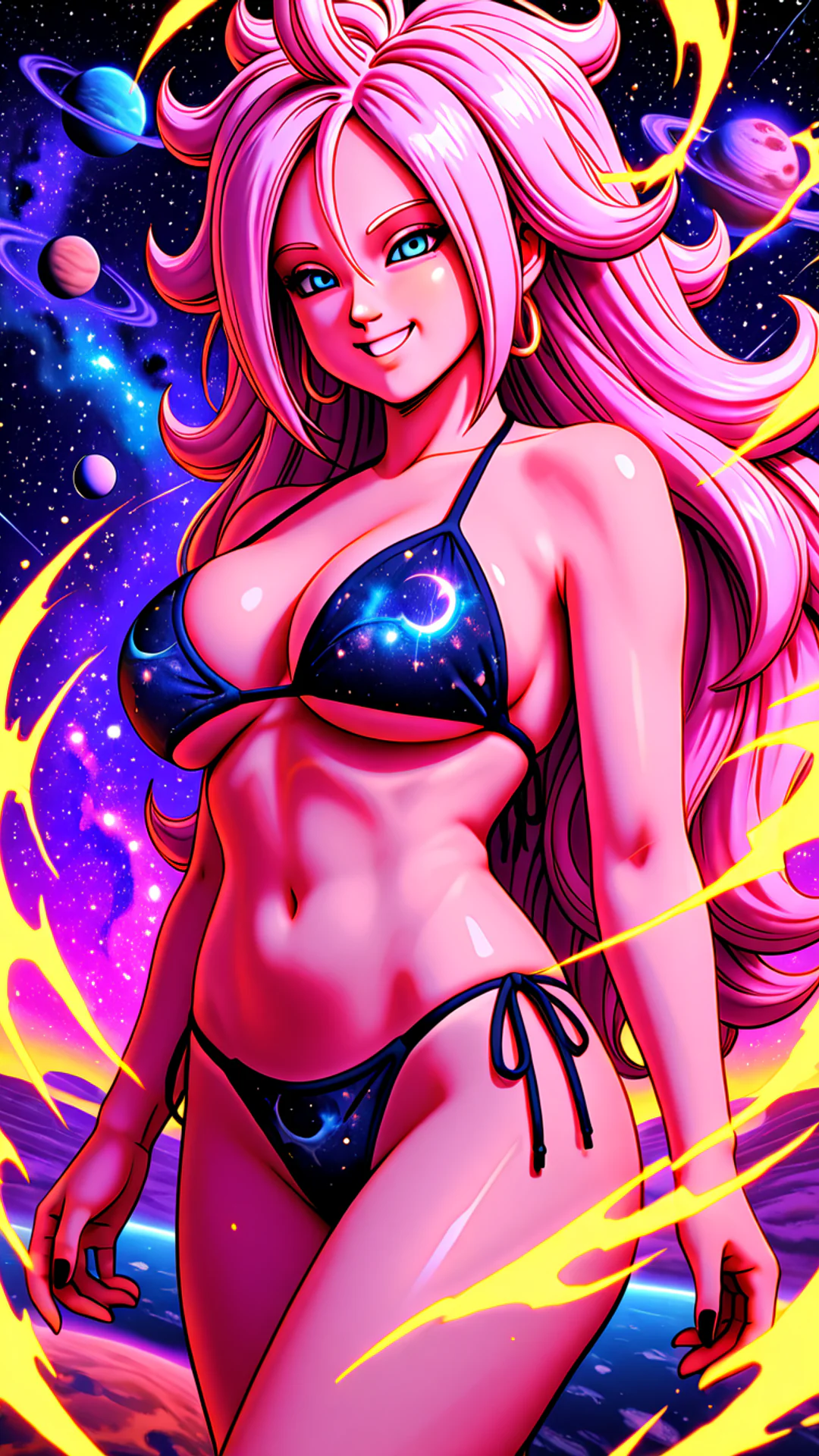 AI Art by Daddy Jim Headquarters: Android 21, a character from the Dragon Ball universe, is depicted in a vibrant outer space setting. She is wearing a galaxy-themed bikini, with her pink hair flowing around her. The cosmic background features planet