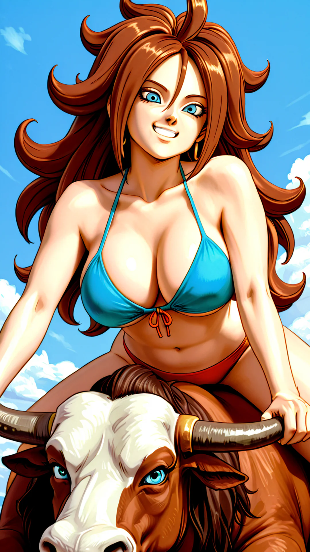 AI Art by Daddy Jim Headquarters features Android 21 from DBZ, depicted riding a mechanical bull. She is wearing a blue bikini, exuding confidence and energy. The scene captures her dynamic pose and vibrant expression against a backdrop of blue skies