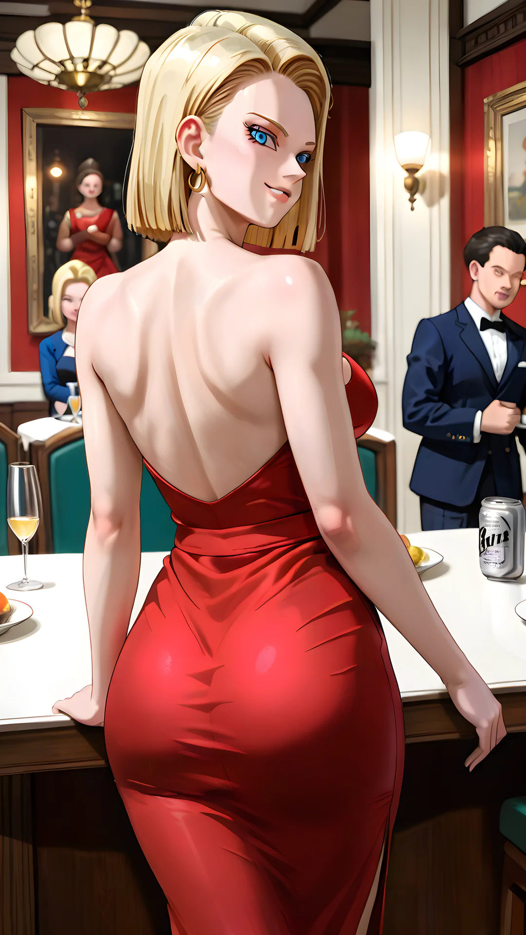 AI Art by Daddy Jim Headquarters: Elegant blonde woman in red dress at sophisticated formal gathering with portrait backdrop