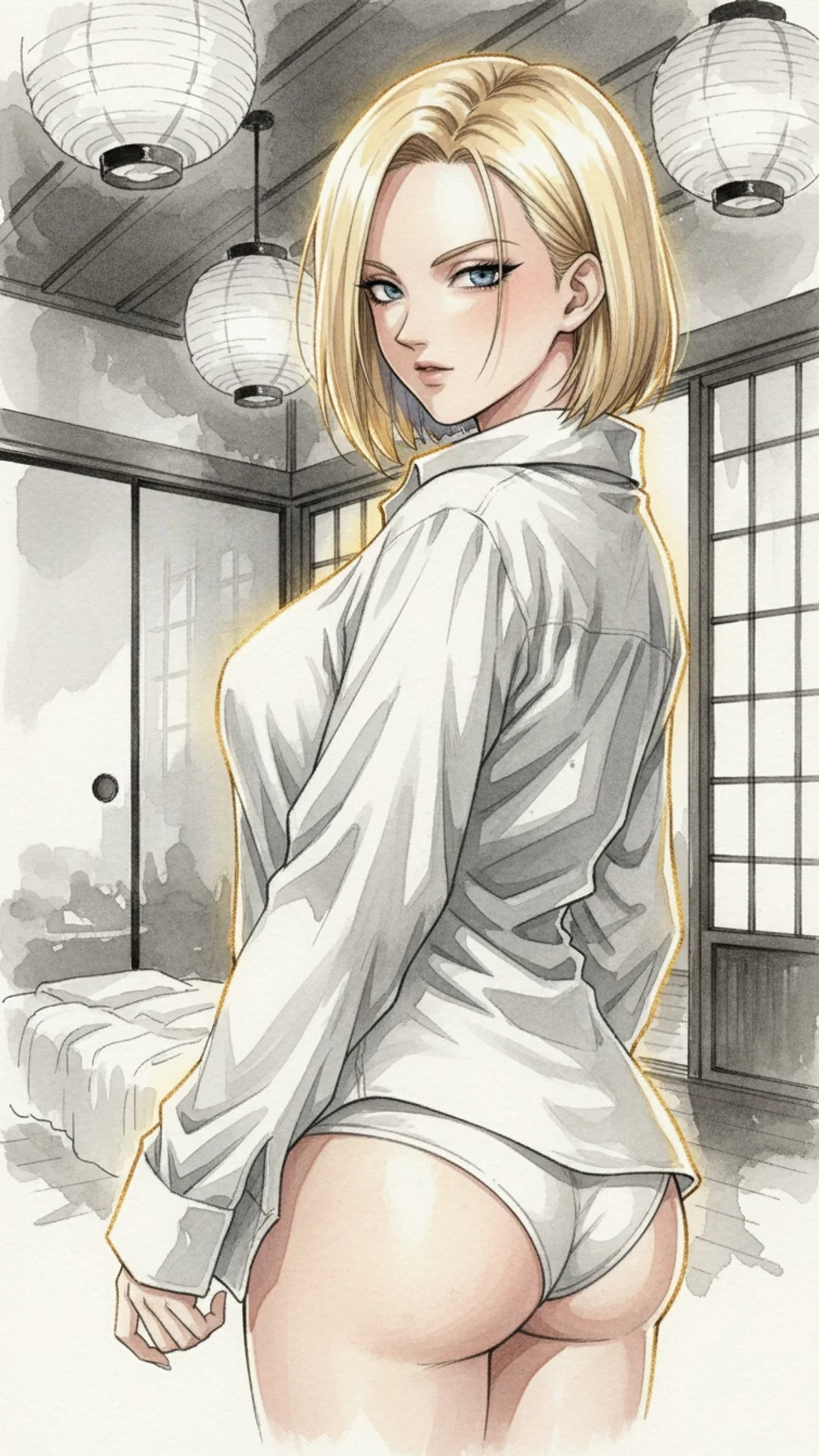 Anime-style blonde woman glancing back over shoulder - Dragon Ball Android 18 waifu AI Art by Daddy Jim Headquarters