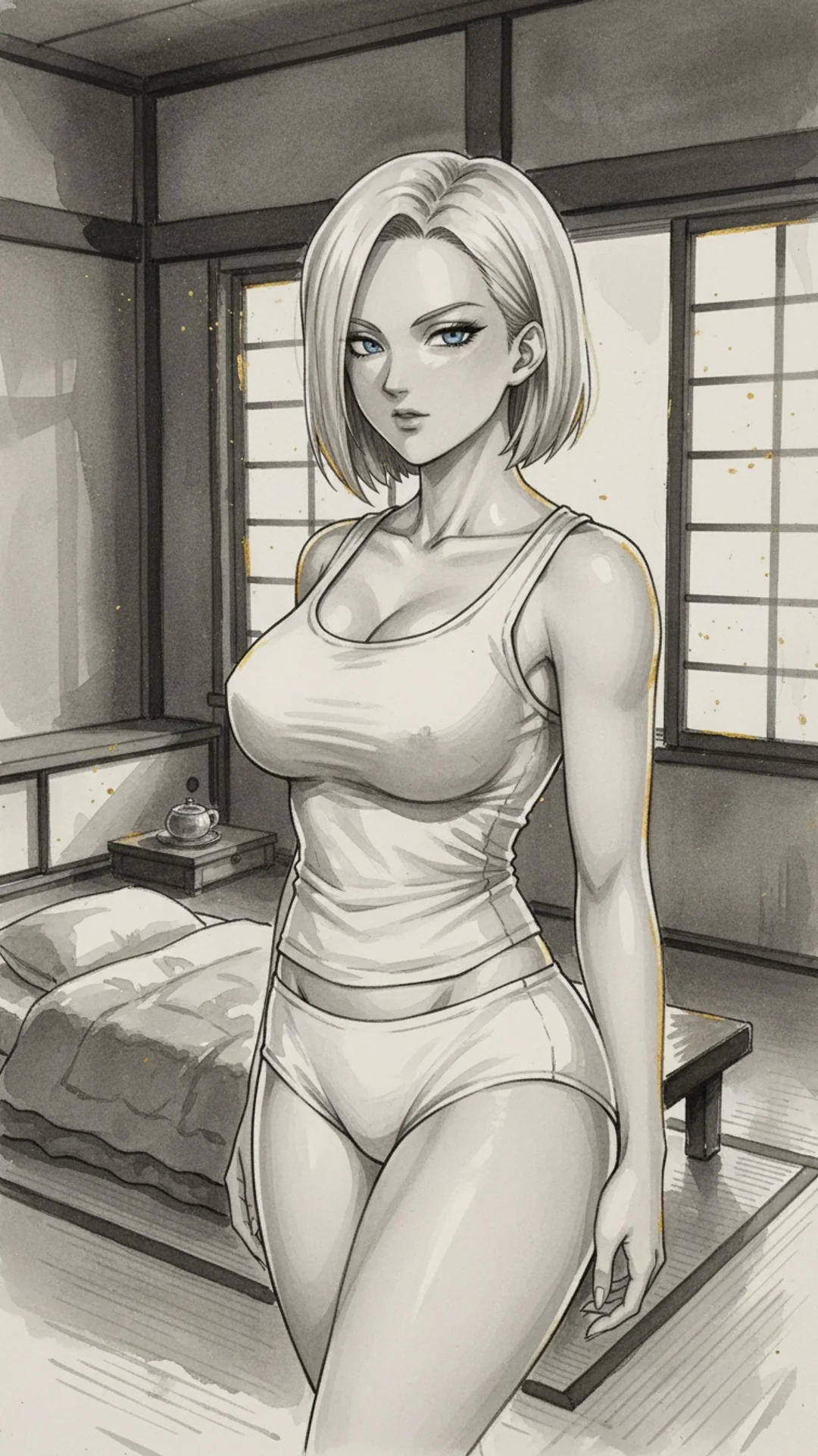 AI-generated art of a woman inspired by Android 18 from Dragon Ball.