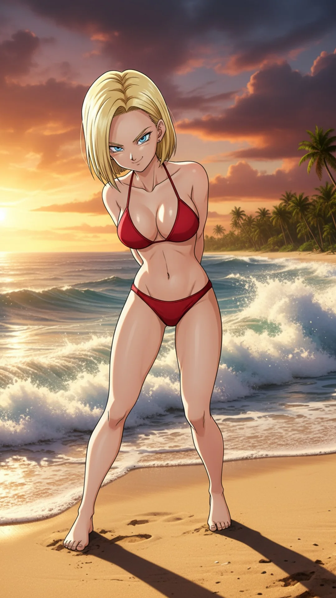 Android 18 from Dragon Ball waifu art with short blonde hair and blue eyes - AI Art by Daddy Jim Headquarters