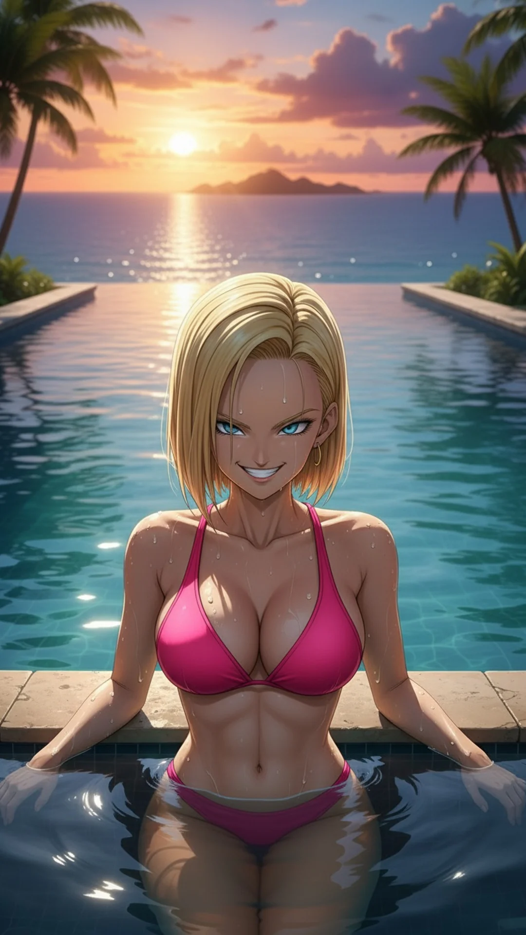 Android 18 from Dragon Ball relaxing poolside, anime-style AI Art by Daddy Jim Headquarters featuring the iconic waifu character


(Note: This is 122 characters)
