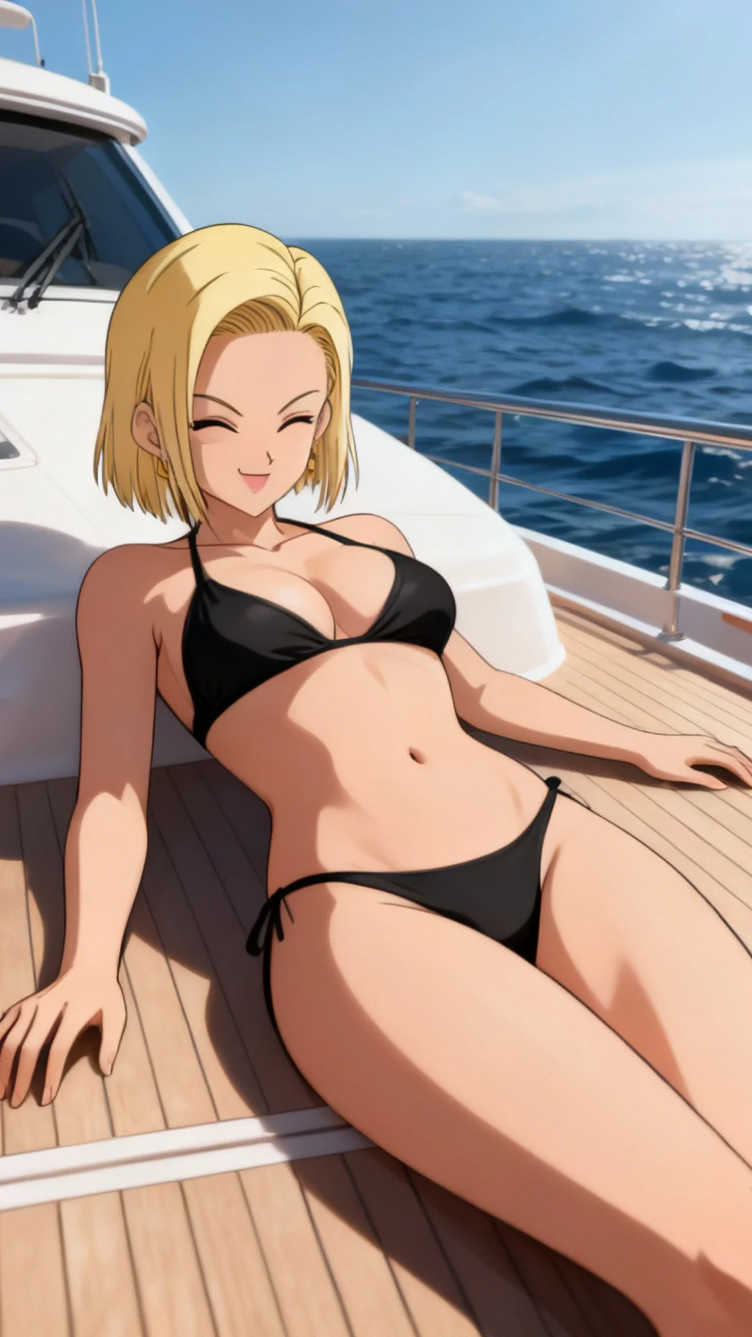 Android 18 from Dragon Ball relaxing on a luxury yacht - AI Art by Daddy Jim Headquarters featuring the beloved waifu character


(Note: This is 122 characters)